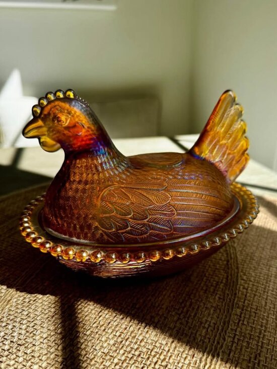 Indiana Glass Other - Vintage Indiana Glass Amber Carnival Iridescent Hen on Nest – 7”